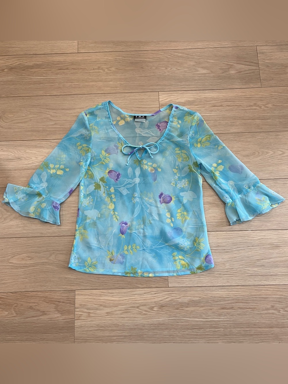 FMX Y2K Blue Sheer Floral Chiffon Bell Sleeve Tie Front Blouse Fairy Coquette